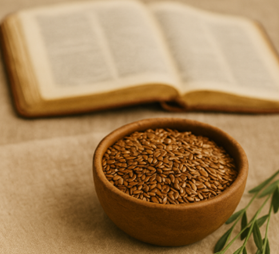 Flax seeds arranged in a wooden bowl, noted as a biblical food, showcasing their importance in nutrition.