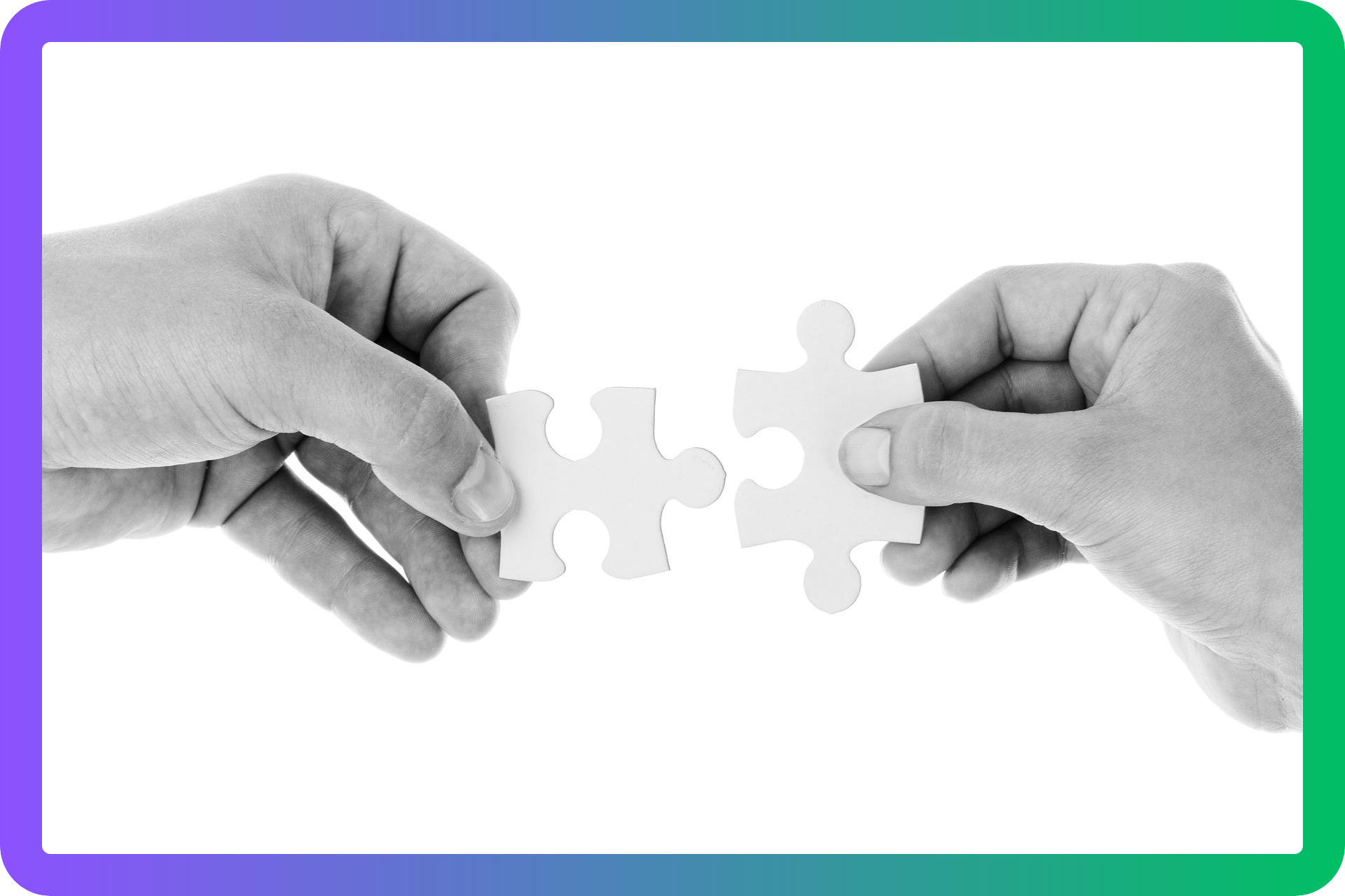 Two hands carefully fitting a puzzle piece together, symbolizing collaboration and problem-solving.