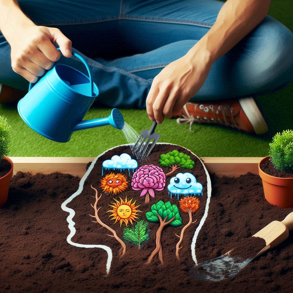 A man engaged in gardening, represented by a mind, watering plants with a can and utilizing tools to enhance his garden's growth.