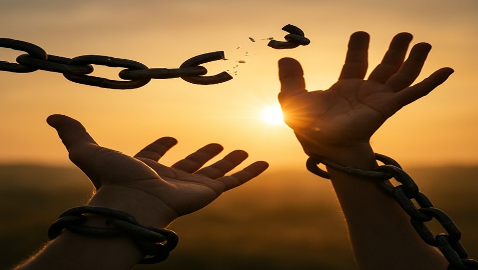 Two hands, bound by chains, stretch toward the sun, representing the quest for freedom and independence with a broken chain overhead.
