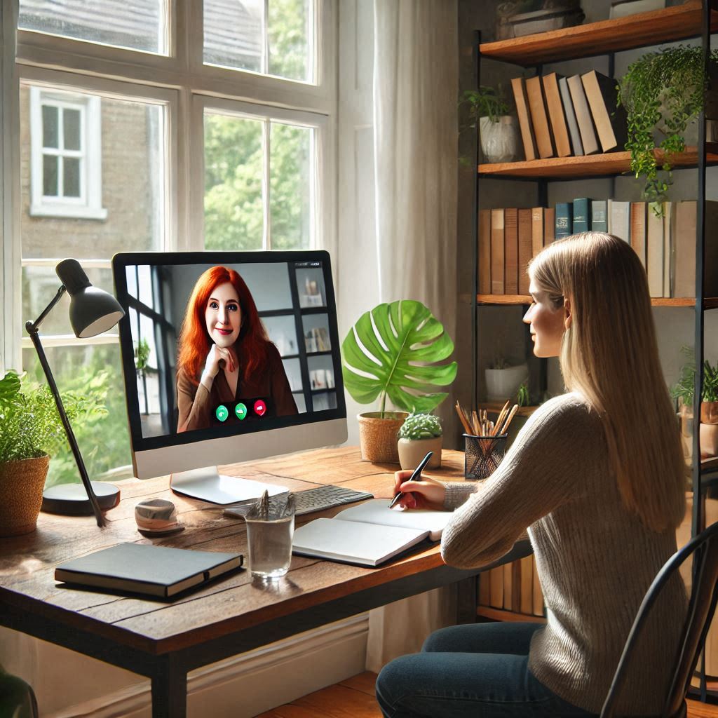 A woman attentively listening at her desk with a computer, engaged in an online health coaching session, prepared to take notes.