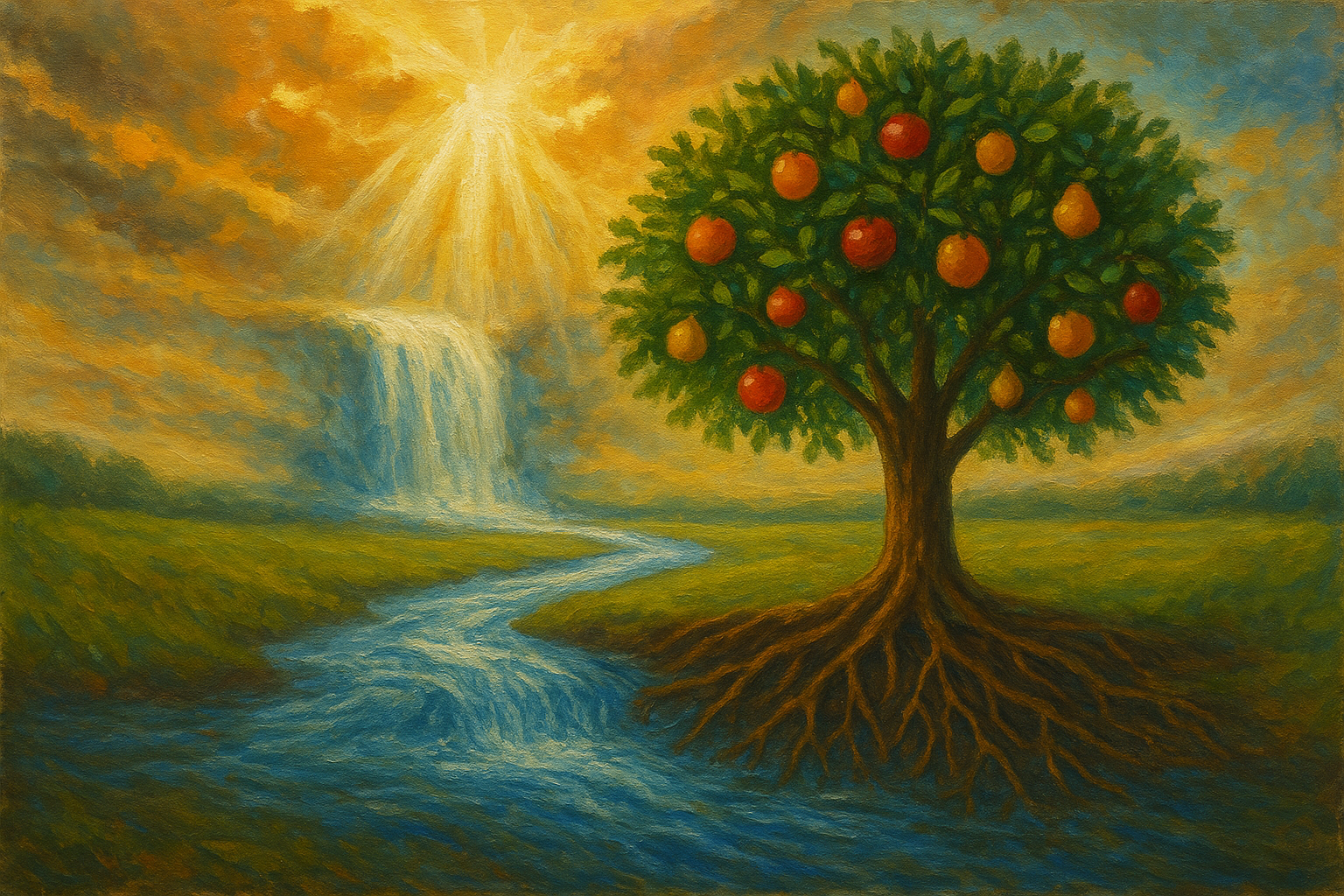 An oil painting of a vibrant apple tree with various fruits, set against a backdrop of flowing rivers and a heavenly sky.