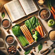 Fresh vegetables and salmon arranged on a plate, with a Bible behind, illustrating the concept of healthy, clean eating.