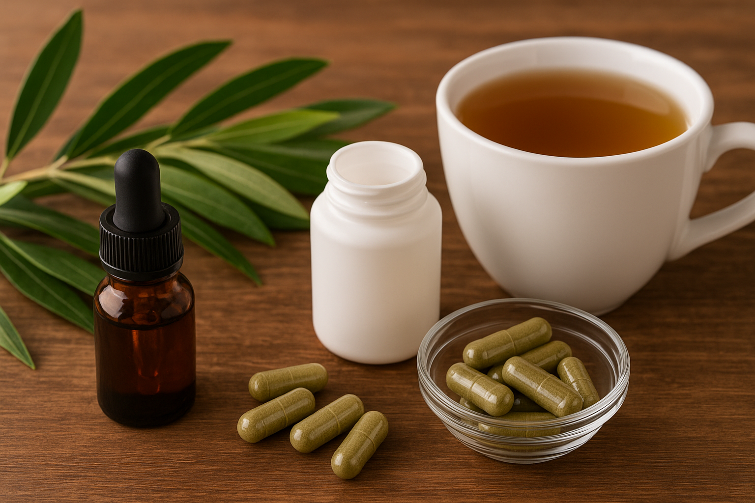 Picture of olive leaf extract supplements in different forms along with fresh olive leaves on a table