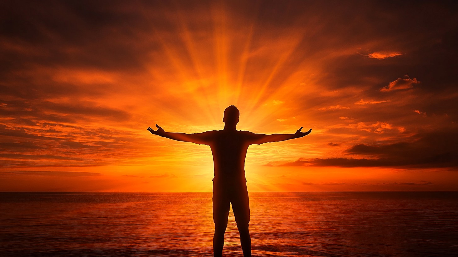 As the sun rises over the calm ocean, a silhouette of a man standing at the shore comes into view. His arms are spread wide, embracing the warmth and beauty of the new day. The sky, painted in vibrant shades of orange and yellow, creates a stunning backdrop that highlights his moment of peace and reflection. 