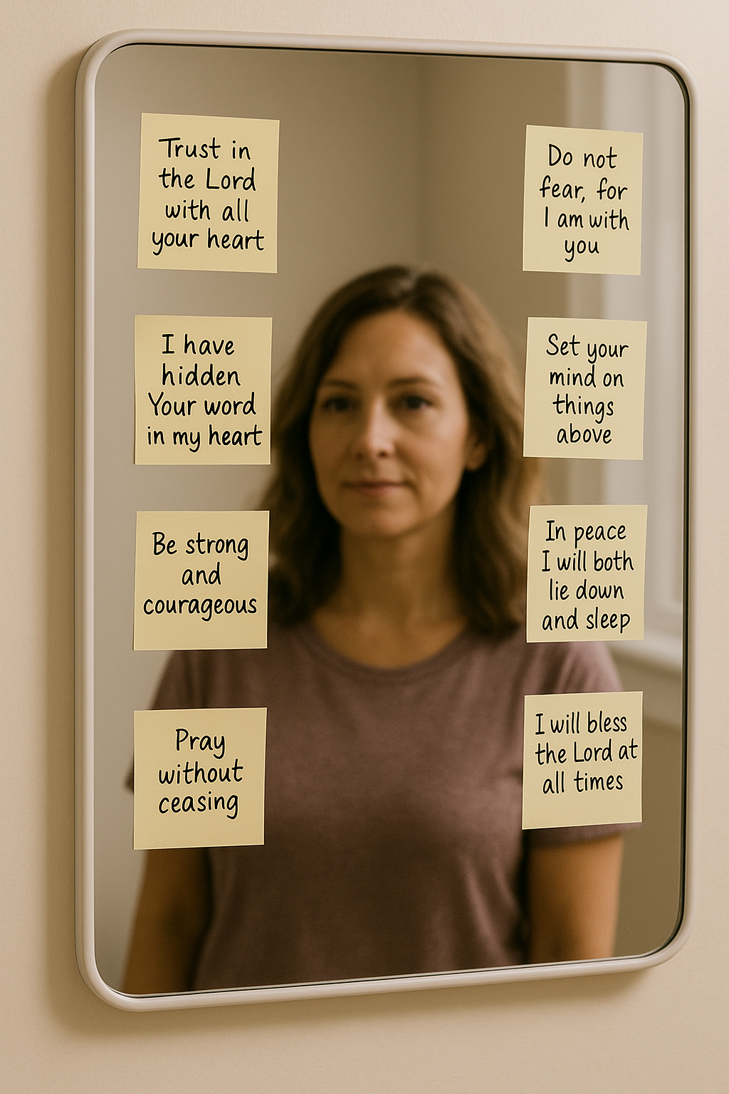 A woman looks at a mirror, which is decorated with multiple sticky notes with scriptures references.